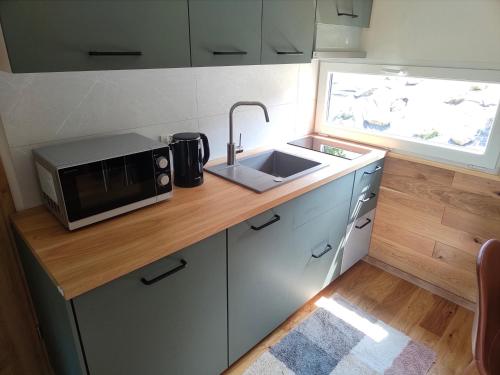 a small kitchen with a sink and a microwave at Kasztanowe Wrota in Kosewo