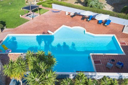 an overhead view of a large swimming pool with palm trees at Villa Dennis in Vrahati