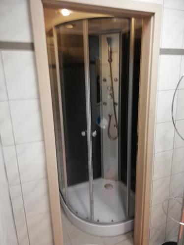 a shower with a glass door in a bathroom at Hotel Zur Rose in Bad Karlshafen