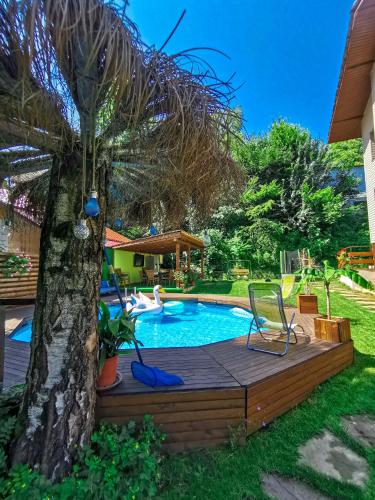 a pool with a palm tree in a yard at Вила Край реката in Botevgrad