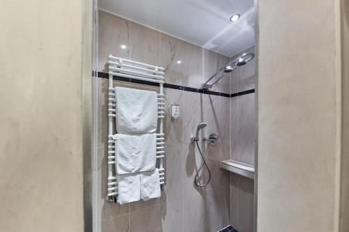 a bathroom with a shower and towels on a wall at Zum Roten Bären in Freiburg im Breisgau