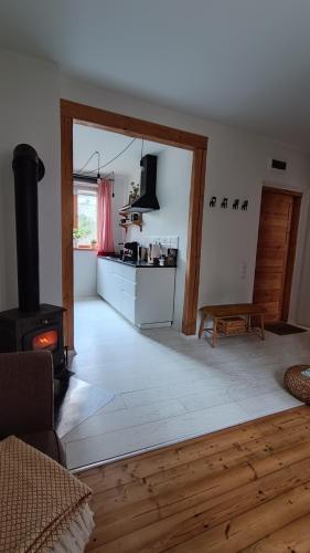 a living room with a wood stove in a room at Vintage Anna Apartment in Kuldīga