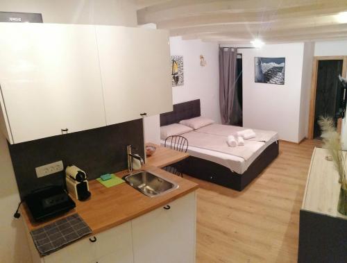 a small room with a bed and a kitchen at GG art apartments II in Piran