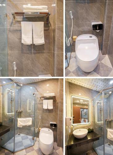 four pictures of a bathroom with a toilet and a shower at Sunland Halong Hotel and Restaurant in Ha Long