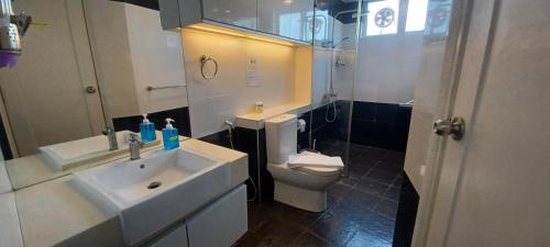 ein Bad mit einem Waschbecken, einem WC und einer Dusche in der Unterkunft SY Staycation - Apartment with Netflix in Bayan Lepas