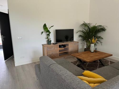 a living room with a couch and a table and a tv at Bij het meertje! in Dirkshorn