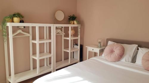 een slaapkamer met een bed en een boekenplank bij BnB Antwerpen - CHIQUE in Antwerpen