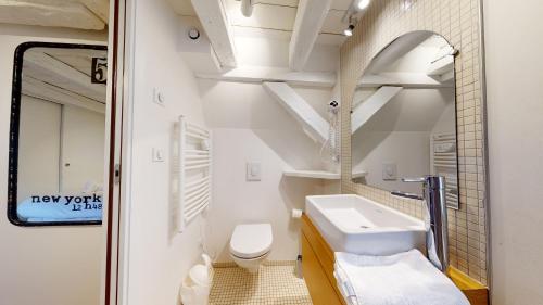 La petite salle de bains est pourvue d'un lavabo et de toilettes. dans l'établissement Le Lohkäs - LOFT Triplex Ultra Design Petite France, à Strasbourg