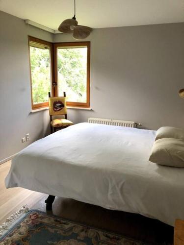 a bedroom with a large white bed and a window at La Clé de la Forêt in Tervuren
