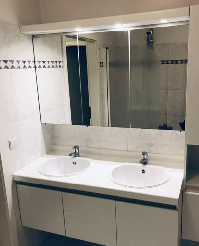 a bathroom with two sinks and a large mirror at La Clé de la Forêt in Tervuren