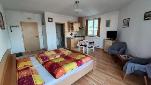 a bedroom with a large bed and a kitchen at Hezké ubytování v centru města in Třebíč