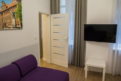 a living room with a purple couch and a tv at P&M Apartament by Rentoom in Toruń