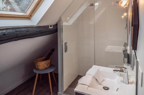 a bathroom with a sink and a glass shower at LOGIS Hotel-Restaurant Le Relais d'Aligre in Châteauneuf-en-Thymerais