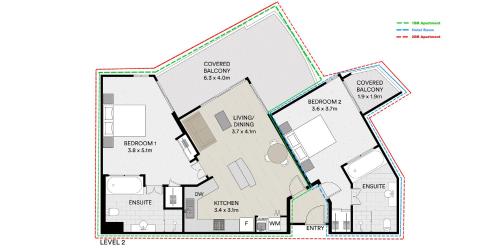 a floor plan of a building at Mantra on Salt Beach - Oceanview Apartment by uHoliday - 2BR, 1BR and Hotel Room configurations available in Kingscliff