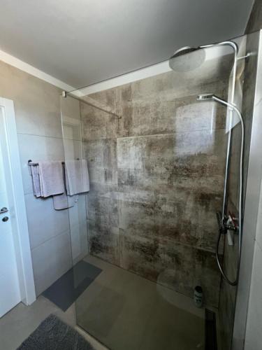 une salle de bain avec une douche avec une porte vitrée dans l'établissement Apartman Ana, à Sveti Anton