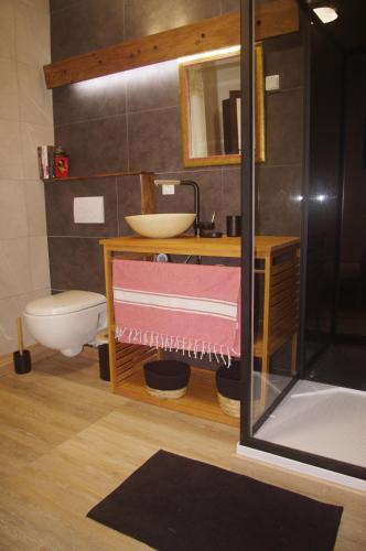 ein Bad mit einem Waschbecken und einem WC in der Unterkunft Louberne in Casteljaloux
