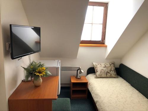 a small room with a bed and a flat screen tv at Garni pension U svatého Urbana in Mikulov