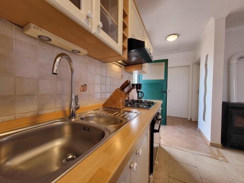 uma cozinha com um lavatório de aço inoxidável e um fogão em Holiday Home Duje em Iž Mali