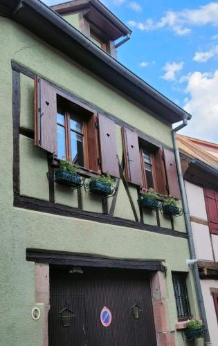 ein Gebäude mit Fenstern und einer Tür mit Topfpflanzen in der Unterkunft Gîte Emeraude in Bergheim