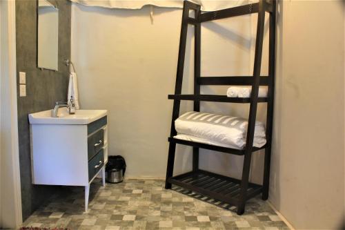 a bathroom with a bunk bed next to a sink at The Bugyal in Kanatal
