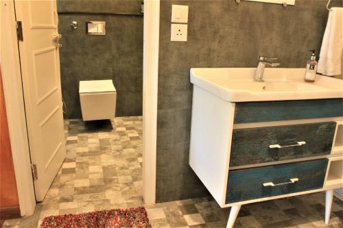 a bathroom with a sink and a toilet at The Bugyal in Kanatal