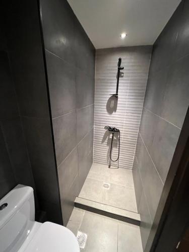 a bathroom with a shower with a toilet at Lookis Sea view Near Airport in Artemida