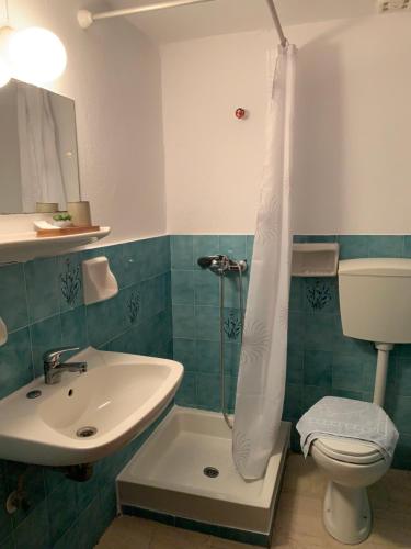 a bathroom with a shower with a sink and a toilet at Philoxeni Akti in Kanali