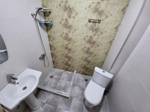 La salle de bains est pourvue de toilettes et d'un lavabo. dans l'établissement MITE Hotel, à Chakvi