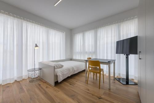 sypialnia z łóżkiem, biurkiem i telewizorem w obiekcie Modern Studios Mendrisio w mieście Mendrisio