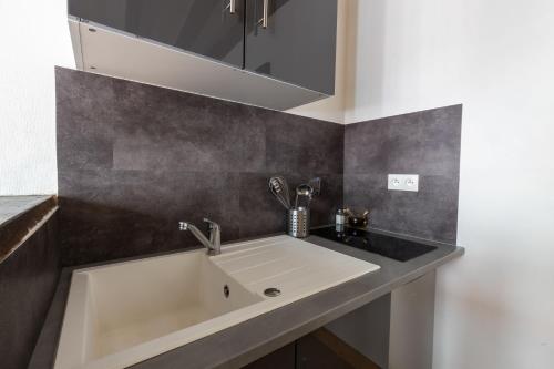 een badkamer met een witte wastafel en een aanrecht bij Perruche in Saint-Aignan