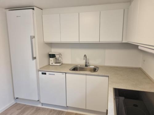 a kitchen with white cabinets and a sink at Feriehuse Hvide Sande in Hvide Sande