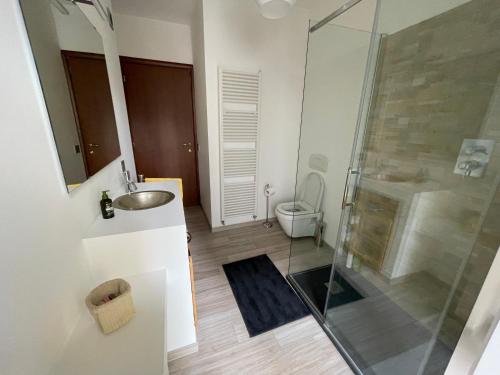 a bathroom with a shower and a sink and a toilet at Casavacanze IL GALLO in Omegna