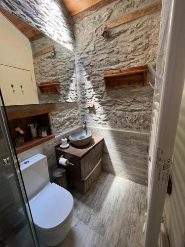 a bathroom with a toilet and a stone wall at MESON DU BONHEUR in Osséja