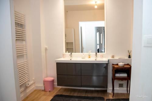 une salle de bain avec un lavabo et un miroir dans l'établissement Villa la Rafale Belle époque, , parking gratuit plage 5mn, au Tréport