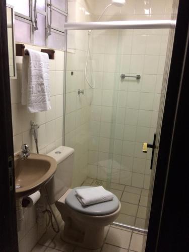 a bathroom with a shower and a toilet and a sink at Pousada Vale do Gravatá in Gravatá