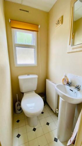 a bathroom with a toilet and a sink at Ferienhaus Vienna am Kronensee in Ostercappeln