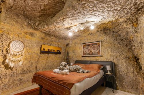- une chambre dans une grotte avec un lit au milieu dans l'établissement TerràThana, à Saint-Aignan