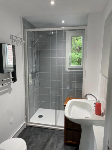 une salle de bain avec douche et lavabo dans l'établissement Gîte « le Moulin » à 2 pas de la mer, à Saint-Martin-le-Gaillard