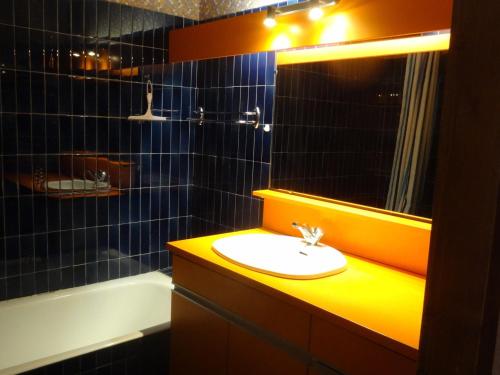 une salle de bain avec un lavabo, un miroir et une baignoire dans l'établissement Studio 3 pers. 2* avec balcon exposé Ouest, centre Valloire, parking privé, animaux acceptés - FR-1-263-491, à Valloire
