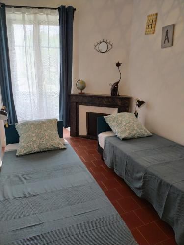 Dos camas sentadas en una habitación con chimenea. en Le Selamat, Logis XXL au calme avec Terrasse, en Carcassonne