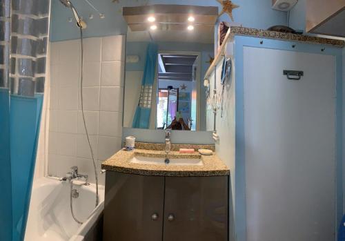 La salle de bains est pourvue d'un lavabo, d'une baignoire et d'un miroir. dans l'établissement « La Palmeraie » Villa résidentielle avec piscine, à La Palmyre