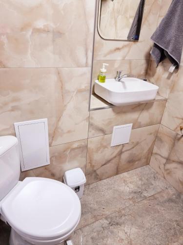 a bathroom with a toilet and a sink at СТУДИО АВА in Sliven