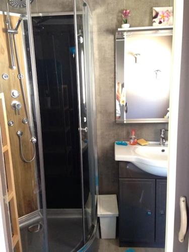 une salle de bain avec douche et lavabo dans l'établissement Chalet à deux pas de la plage, à Martigues