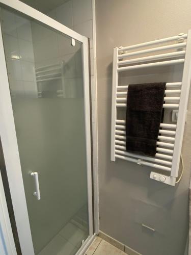 a glass shower in a bathroom with a towel at Esprit Cosy Centre Ville in Roanne