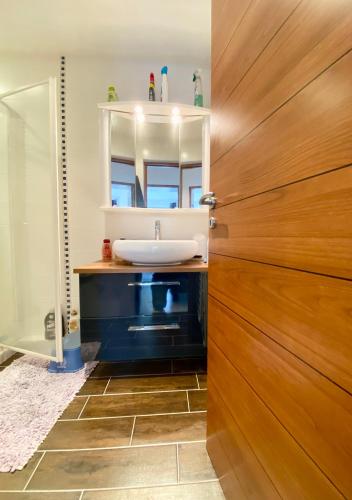 a bathroom with a sink and a wooden door at Appartement bord de mer, Bénodet in Bénodet