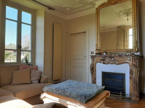 - un salon avec un miroir au-dessus d'une cheminée dans l'établissement Maison LaPlace, à Burg