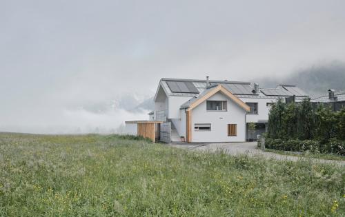 a house on a hill with a field in front of it at Urban Mountain Splitlevel with Lake View in Maurach