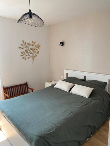 a bedroom with a large bed with a green blanket at Le Petit Cesar in Hautvillers
