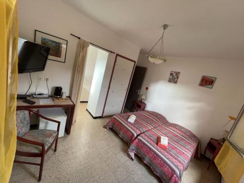 ガレリアにあるAuberge Galerisのベッドルーム1室(ベッド1台、デスク、コンピュータ付)