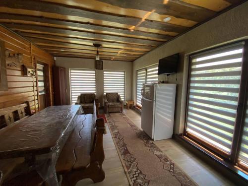 a kitchen with a long table and a refrigerator at near waterfall in Skole